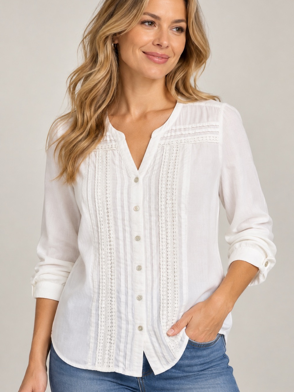 JM Collection Petite White Lace Trim Blouse 100% Rayon Long Sleeve PM